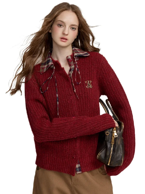 Detachable Plaid Knit Sweater Turtle Neck Boat Neck Asymmetrical Neck