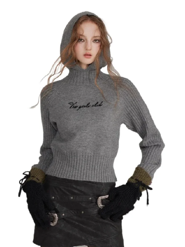 High-Neck Hoodie Knit Sweater Cashmere Blend Cotton Blend Poly Blend