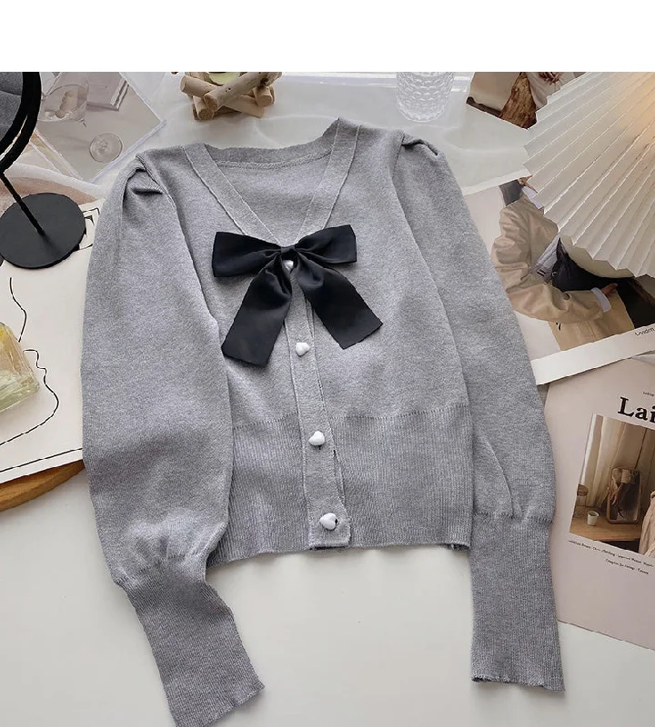 Vintage bow V-Neck Sweater slim long sleeve top  6688 Glossy Satin Silk