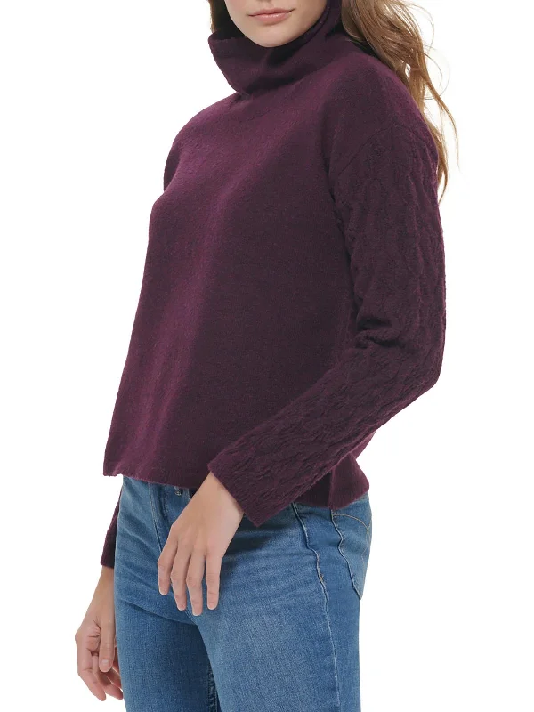 Womens Cable Knit Cowlneck Pullover Sweater Zippered Front Buttoned Front Snap Front