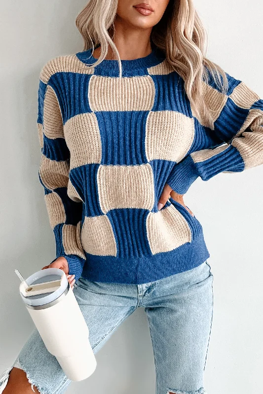You're Nothing Like Me Checkered Sweater (Royal Blue/Taupe) Spandex Rayon Corduroy