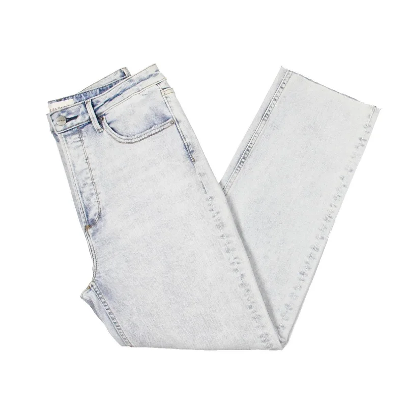 Womens High Rise Raw Hem Straight Leg Jeans Trendy Skinny Fit Jeans
