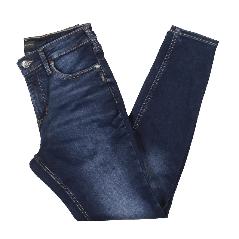 Womens Mid Rise Dark Wash Skinny Jeans Trendy Pleated Waist Jeans