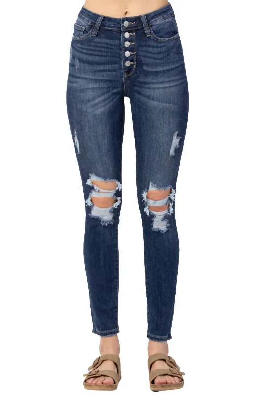 Button Fly Skinny Jean In Dark Denim Comfortable Full-Length Denim Jeans