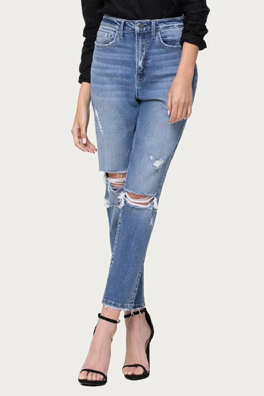 Comfort Stretch High-Rise Distressed Mom Jeans In Hollow Cozy Wide-Legged Jeans