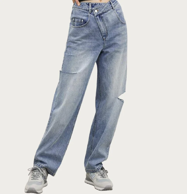 Criss Cross Cutout Jeans In Steel Blue Elegant Skinny Leg Jeans