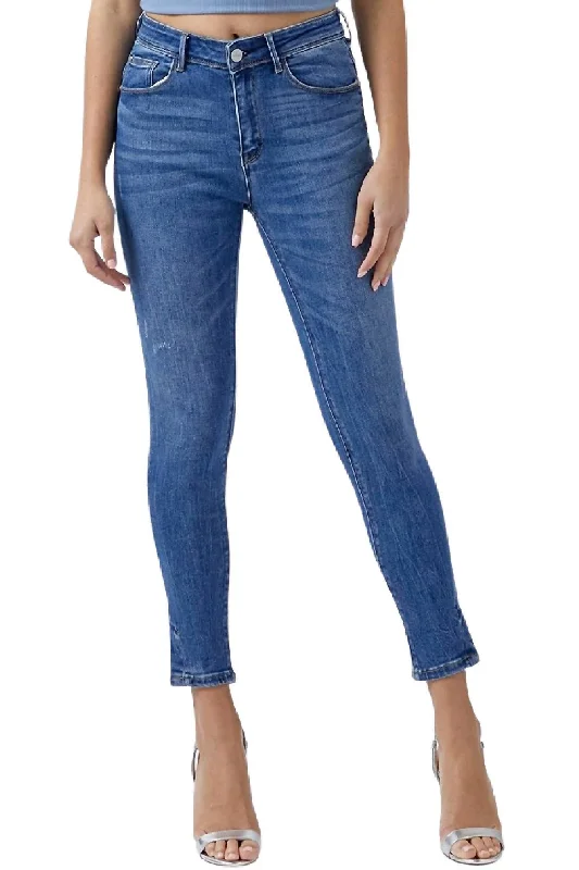 Curvy Yoke Mid Rise Skinny Jean In Dark Blue Comfortable Drawstring Waist Jeans