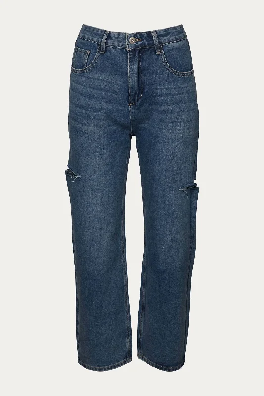 Cutout High-Rise Straight-Leg Jeans In Denim Blue Elegant Bootcut Fit Jeans