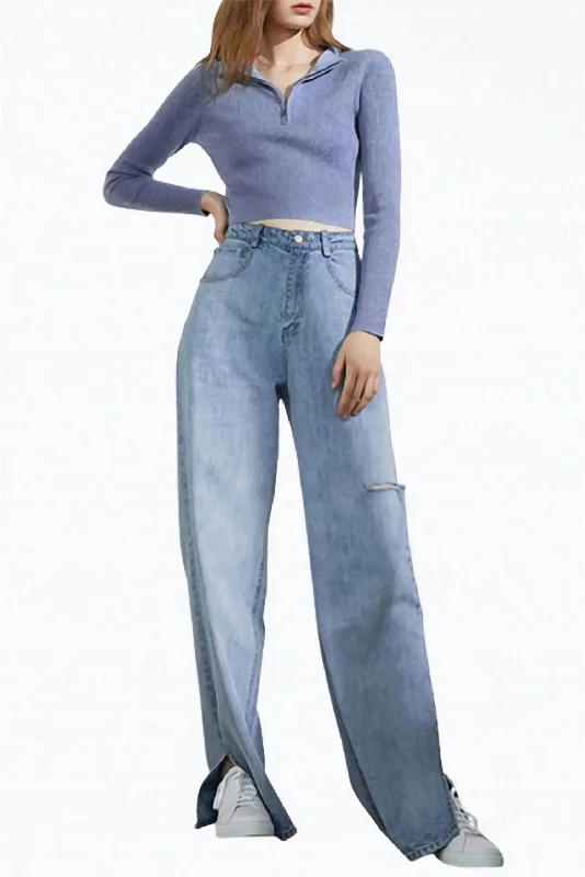Dennis Cutout Slit-Hem Wide-Leg Jeans In Light Blue Trendy Paperbag Waist Jeans