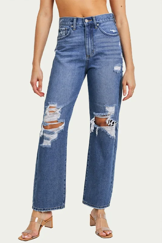 Distressed High-Rise Straight-Leg Jeans In Medium Denim Elegant Wide-Leg Jeans