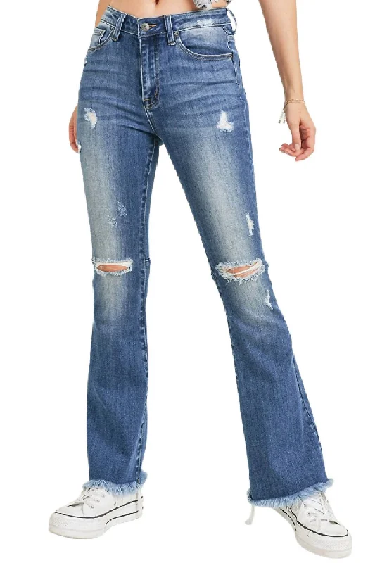 Flare Distressed Knee High Rise Jean In Medium Wash Comfortable Flare Leg Jeans