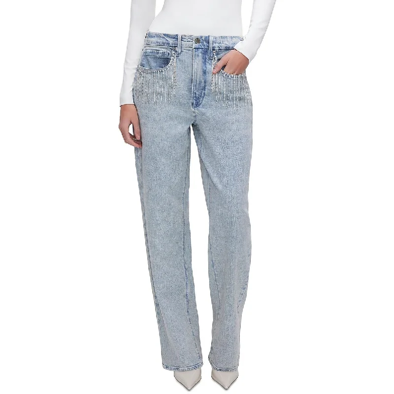Good American Womens 90's Diamond Fringe High-Rise Light Wash Straight Leg Jeans Comfortable Ankle Jeans