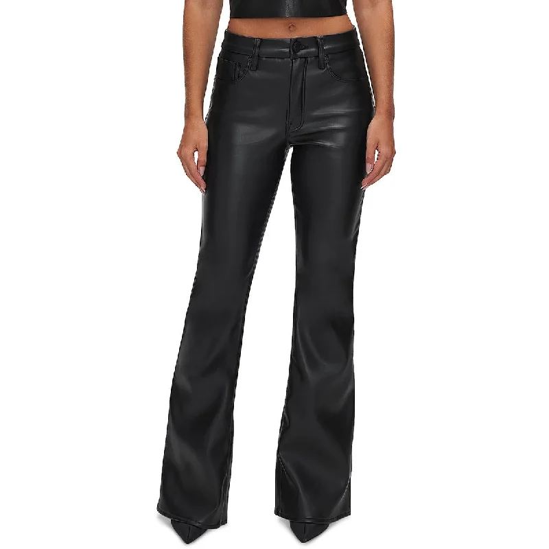 Good American Womens Faux Leather Flared Jeans Classic Blue Denim Jeans