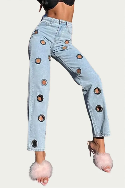 High-Rise Straight Leg Grommet Jeans In Light Blue Comfortable Drawstring Waist Jeans