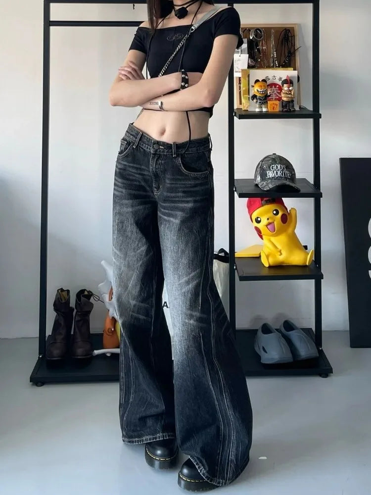 Y2k Black Jeans Women Baggy Vintage High Street Oversized Denim Trousers Fashionable Vintage Wash Jeans