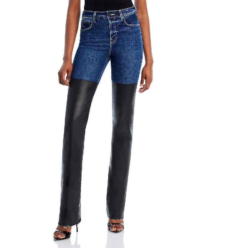 L'Agence Womens Mixed Media High Rise Straight Leg Jeans Trendy Pleated Waist Jeans