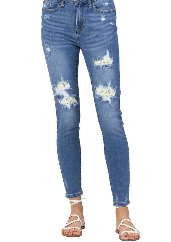 Lemon Patch High Waist Skinny Jean In Medium Blue Comfortable Distressed Straight-Leg Jeans
