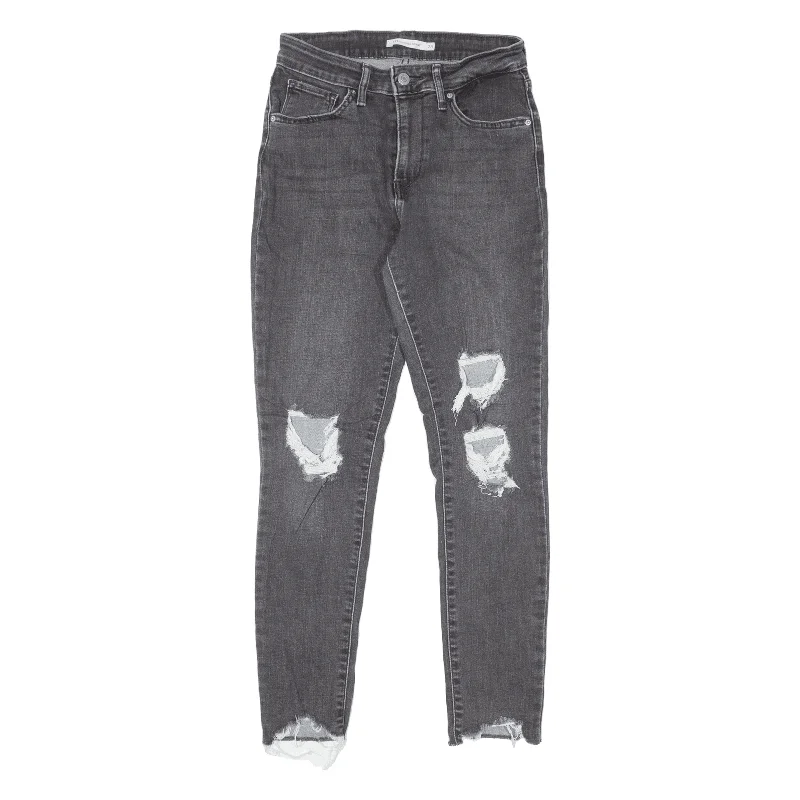 LEVI'S 721 High Rise Distressed Jeans Grey Denim Slim Skinny Womens W25 L27 Chic Rip-Detail High-Waist Jeans