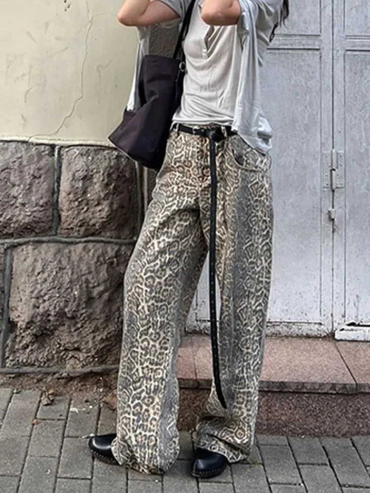 Retro Baggy Leopard Print Women Jeans Y2k American Wide Leg Pants Trendy Skinny High-Waist Jeans