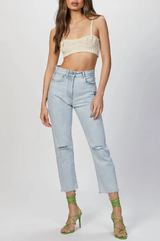 Ripped-Detailing Cropped Jeans In Light Blue Casual Skinny Fit Jeans