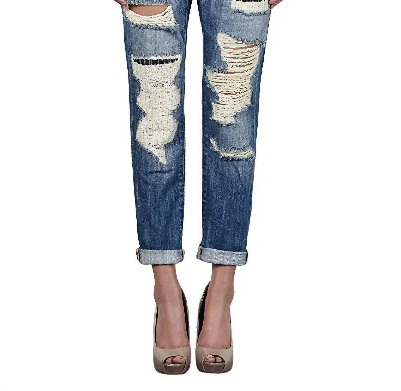 Slim Fit Low Rise Ripped Boyfriend Denim Jeans In Blue Denim Fashionable Cropped Denim Jeans