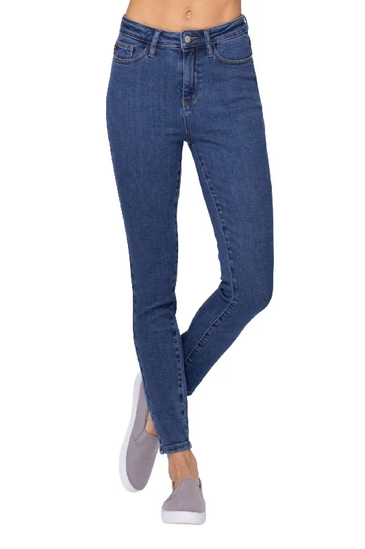 Stone Wash High Waist Skinny Jean In Medium Blue Fashionable Distressed Jeans