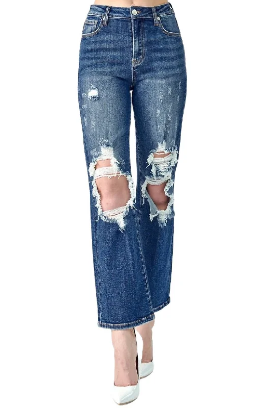 Straight Leg High Rise Jean In Dark Wash Chic Double Waistband Jeans