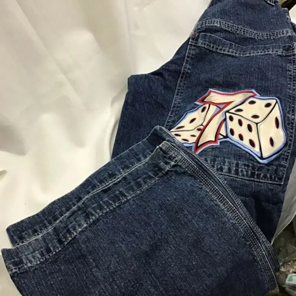 Streetwear  Jeans Y2K Hip Hop Number 7 Dice Graphic Jeans Mens Womens Cozy Wide-Legged Jeans
