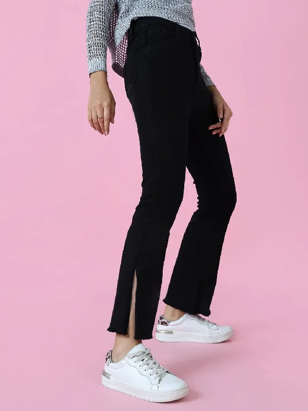 Women Black Solid Flared Denim Jeans-GZ-5470-Black Stylish Bootcut Denim Jeans