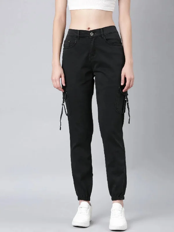 Women Black Solid Jogger Denim Jeans-LT-JO-22722-Black Chic Cropped Jeans