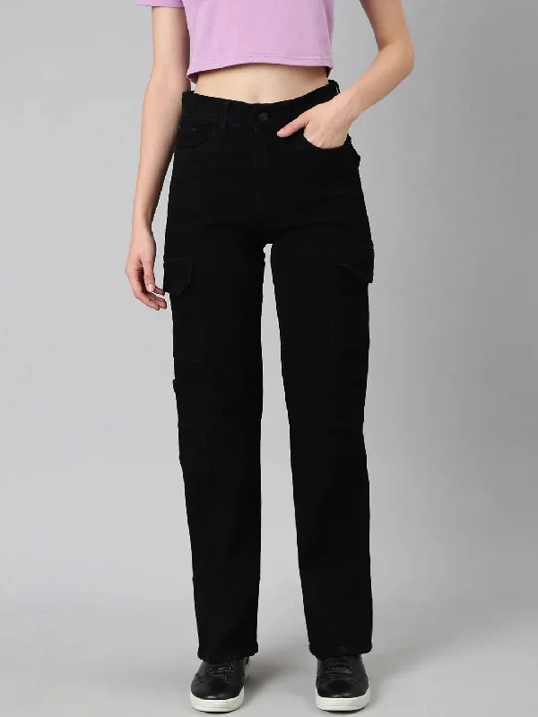 Women Black Solid Wide Leg Denim Jeans-GZ-5738-Black Stylish High-Waist Skinny Denim