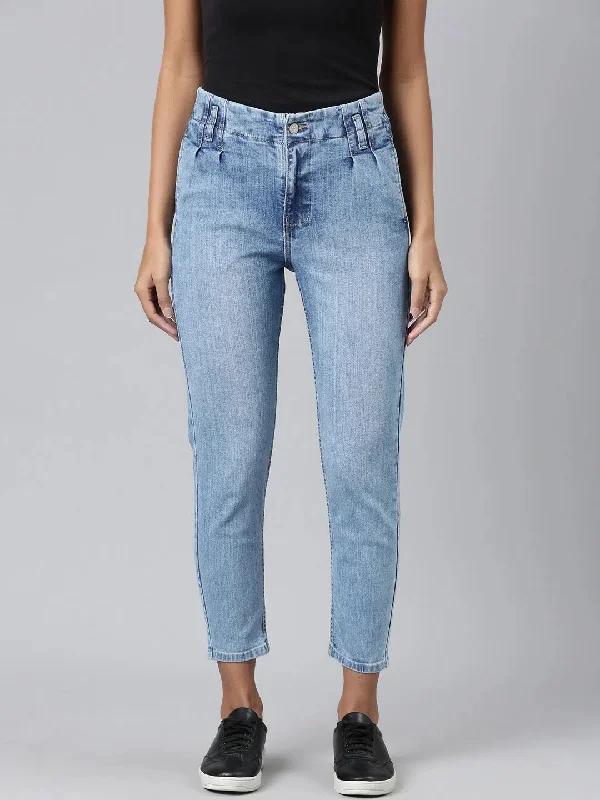 Women Blue Solid Mom Fit Denim Jeans-GZ-5492-1-Blue Fashionable White Denim Jeans