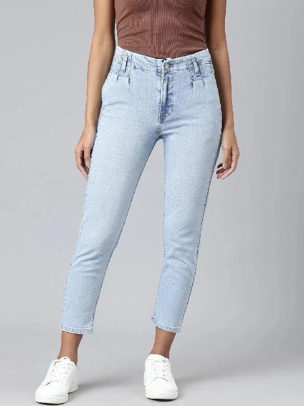 Women Blue Solid Mom Fit Denim Jeans-GZ-5492-Blue Trendy Flared Leg Jeans