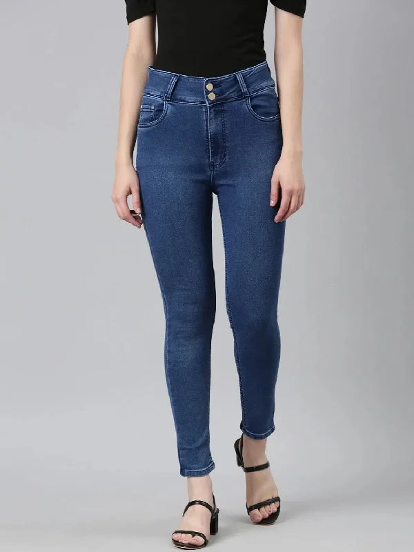 Women Blue Solid Slim Fit Denim Jeans-GZ-5456-Blue Stylish High-Waist Skinny Denim