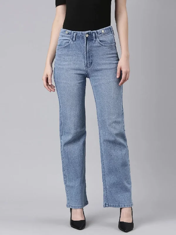 Women Blue Solid Straight Fit Denim Jeans-GZ-5700-Blue Cozy Relaxed Fit Denim Jeans