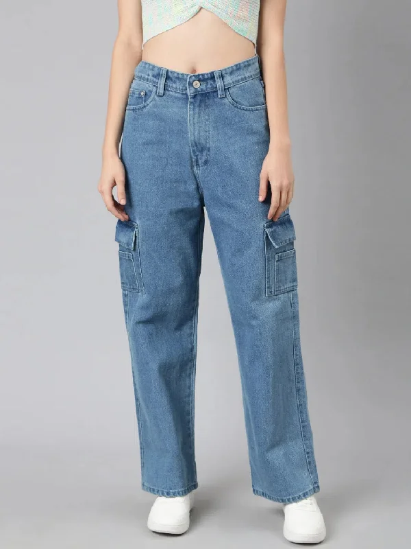 Women Blue Solid Wide Leg Denim Jeans-GZ-5707-Blue Stylish Bootcut Denim Jeans