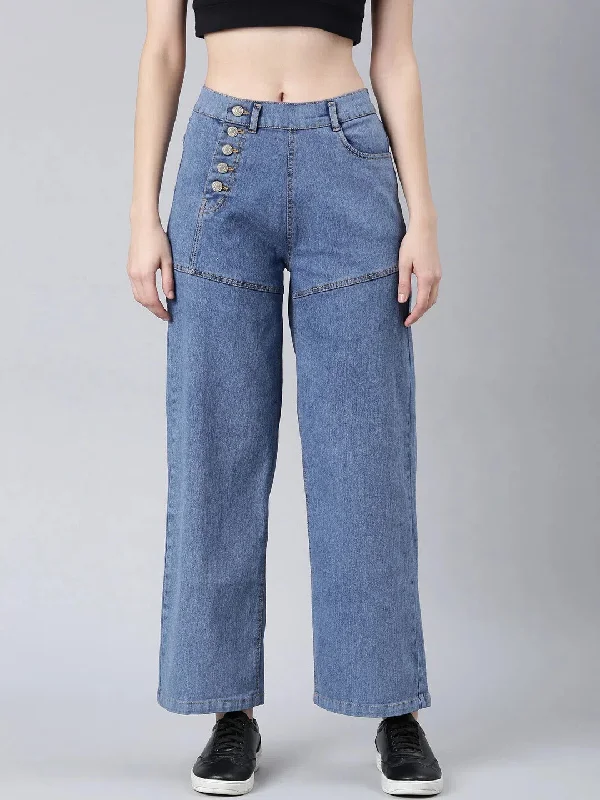 Women Blue Solid Wide Leg Denim Jeans-IM-10729-Blue Elegant Raw Hem Jeans