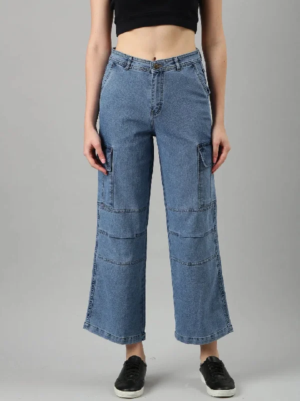 Women Blue Solid Wide Leg Denim Jeans-IM-10811-Blue Trendy Low-Rise Bootcut Jeans