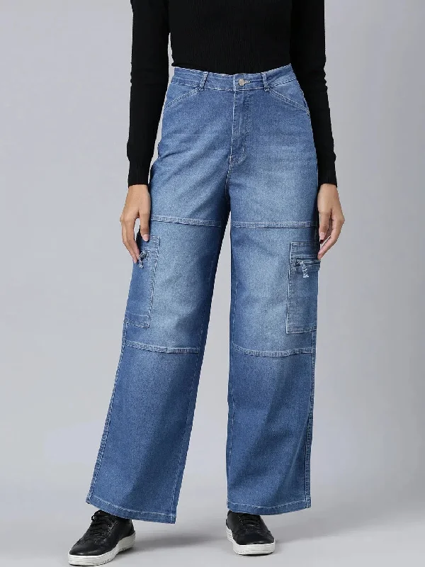Women Blue Solid Wide Leg Denim Jeans-IM-10870-Blue Fashionable Cropped Denim Jeans