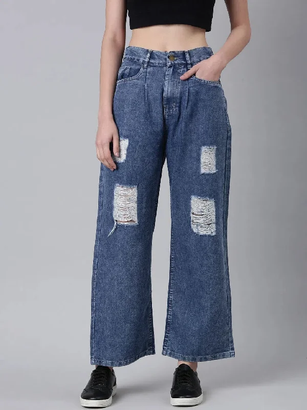 Women Blue Solid Wide Leg Denim Jeans-IM-10890-Blue Fashionable Raw Hemmed Jeans
