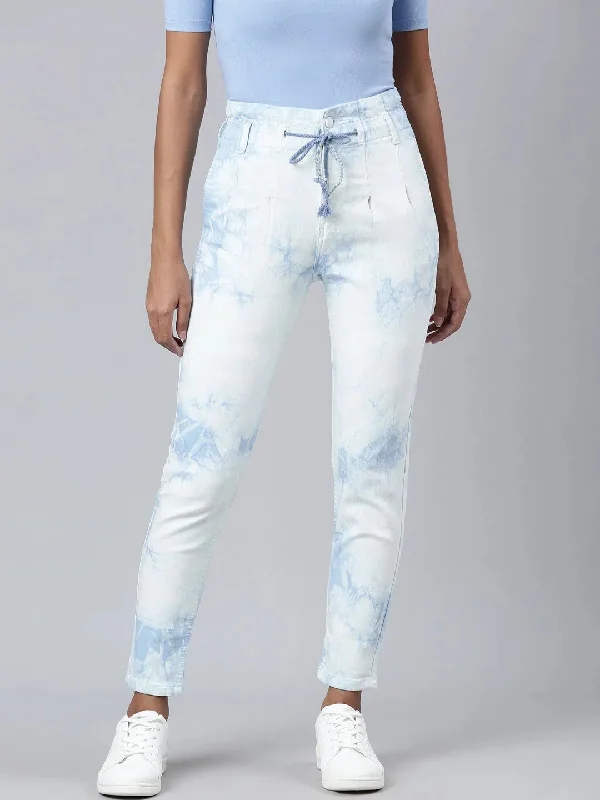 Women Blue Tie Dye Mom Fit Denim Jeans-GZ-5137-Blue Comfortable Faded High-Rise Jeans