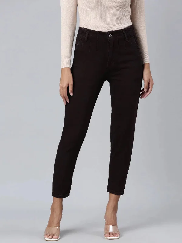 Women Coffee Brown Solid Mom Fit Denim Jeans-GZ-5567-Coffeebrown Cozy Tencel Blend Denim Jeans