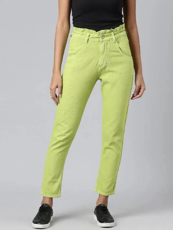 Women Lime Green Solid Mom Fit Denim Jeans-GZ-5550-Limegreen Casual Bootcut Ripped Jeans