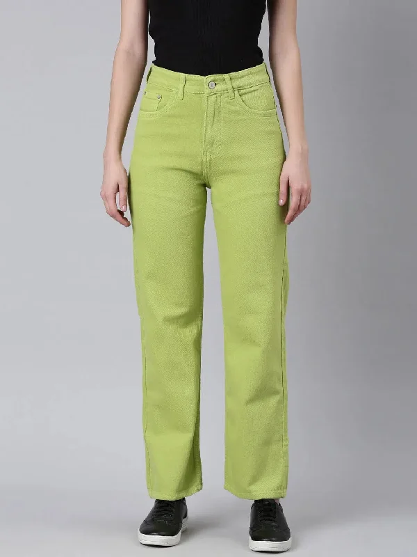 Women Lime Green Solid Straight Fit Denim Jeans-GZ-5607-Limegreen Comfortable Faded High-Rise Jeans