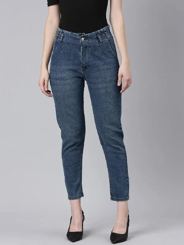 Women Navy Blue Solid Mom Fit Denim Jeans-GZ-5327-1-Navyblue Comfortable Full-Length Denim Jeans