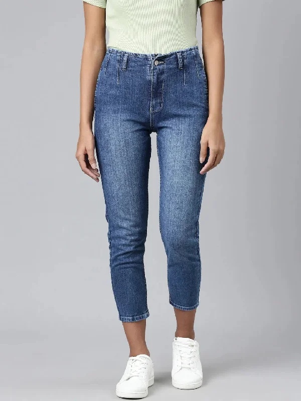 Women Navy Blue Solid Mom Fit Denim Jeans-GZ-5496-Navyblue Classic Black Denim Jeans