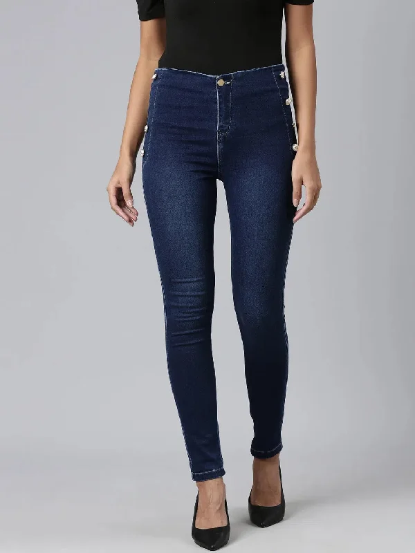 Women Navy Blue Solid Slim Fit Denim Jeans-LT-10381-Navyblue Trendy Wide-Legged High-Waist Jeans