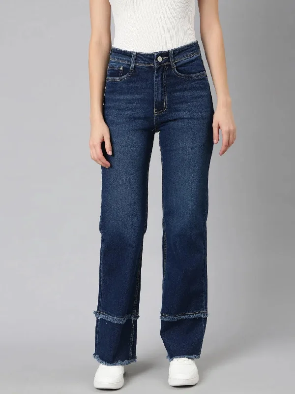 Women Navy Blue Solid Straight Fit Denim Jeans-GZ-5655-Navyblue Fashionable Button-Front Jeans