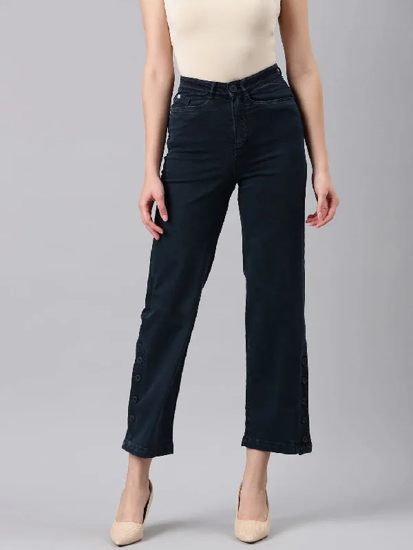 Women Navy Blue Solid Straight Fit Denim Jeans-IM-10786-Navyblue Trendy Paperbag Waist Jeans