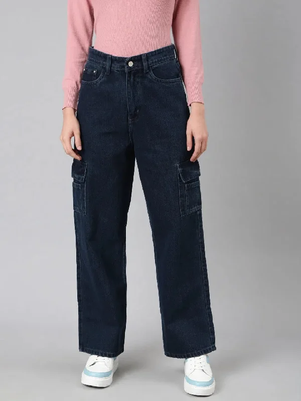 Women Navy Blue Solid Wide Leg Denim Jeans-GZ-5707-Navyblue Comfortable Zip-Up Skinny Jeans